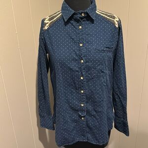 Free people polka dot blue denim Icelandic sweater shoulders/yoke combo shirt XS